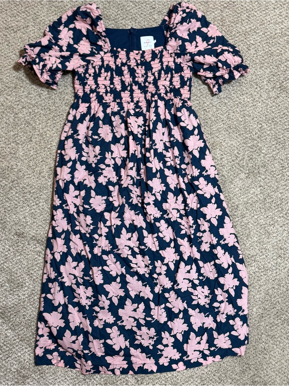 Hatch Navy and Pink Floral Smocked Midi Dress